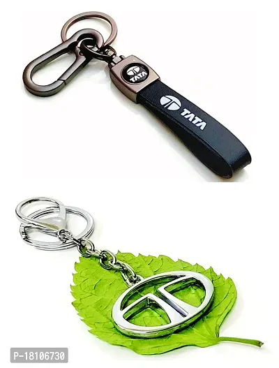 JSR ENTERPRISES PRESENTS LEATHER KEYCHAINS AND KEYRINGS COMPATIBLE WITH CAR AND BIKE ( TATA ) (TATA BLACK LEATHER HOOK PRINTED COMBO SILVER)-thumb4