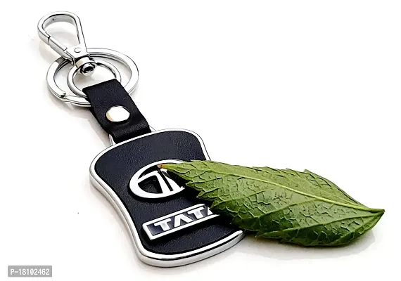 JSR ENTERPRISES PRESENTS LEATHER KEYCHAINS AND KEYRINGS COMPATIBLE WITH CAR AND BIKE ( TATA ) (TATA BLACK AND SILVER MID LEATHER)