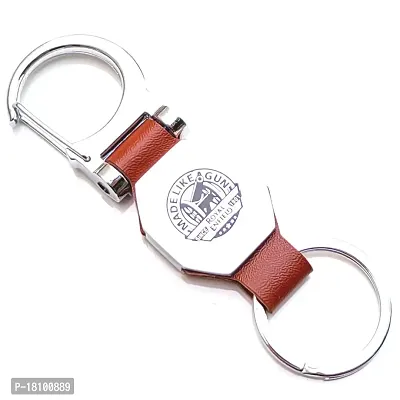 JSR ENTERPRISES PRESENTS LEATHER KEYCHAINS AND KEYRINGS COMPATIBLE WITH CAR AND BIKES ( ROYAL ENFIELD ) (ROYAL ENFIELD DOUBLE SIDE HOOK BROWN MADE LIKE GUN)