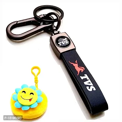 JSR ENTERPRISES PRESENTS LEATHER KEYCHAINS AND KEYRINGS COMPATIBLE WITH CAR AND BIKES ( TVS ) (TVS BLACK LEATHER HOOK PRINTED)