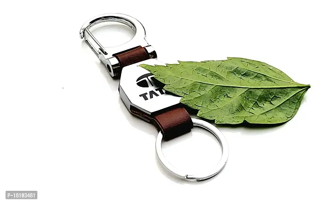 JSR ENTERPRISES PRESENTS LEATHER KEYCHAINS AND KEYRINGS COMPATIBLE WITH CARS AND BIKE ( TATA ) (TATA DOUBLE SIDE HOOK BROWN)