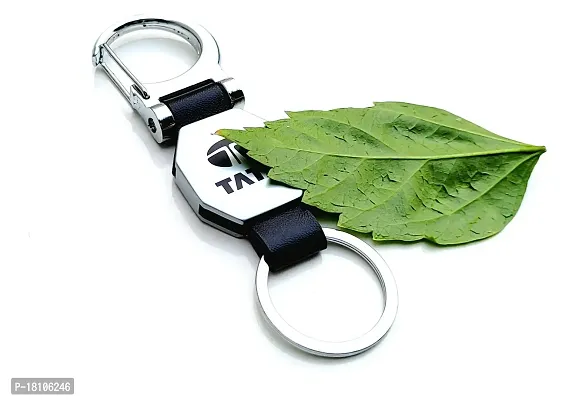 JSR ENTERPRISES PRESENTS LEATHER KEYCHAINS AND KEYRINGS COMPATIBLE WITH CARS AND BIKE ( TATA ) (TATA DOUBLE SIDE HOOK BLACK)