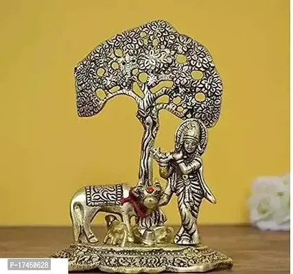 Lord Krishna Playing Flute Under Tree With Golden Cow And Calf Showpiece-thumb0