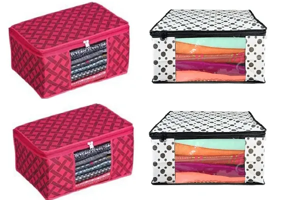 Non Woven Fabric Saree Cover Clothes Organizer Polka Dots Design Transparent Window Zipper Closure With Foldable Material Size 42 into 32 into 22