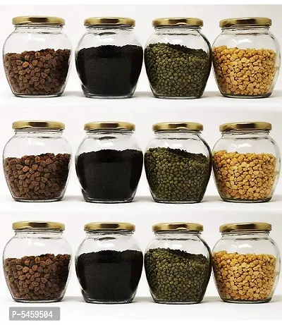 Matka Shaped Glass Jar for Storage of Spices and Dry Fruit, Air Tight Leak Proof Golden Metal Lid Glass Jar 500ml Pack of (12 pcs.)-thumb1