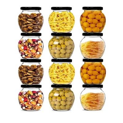 Matka Shaped Glass Jar for Storage of Spices and Dry Fruit, Air Tight Leak Proof Golden Metal Lid Glass Jar 500ml Pack of (12 pcs.)