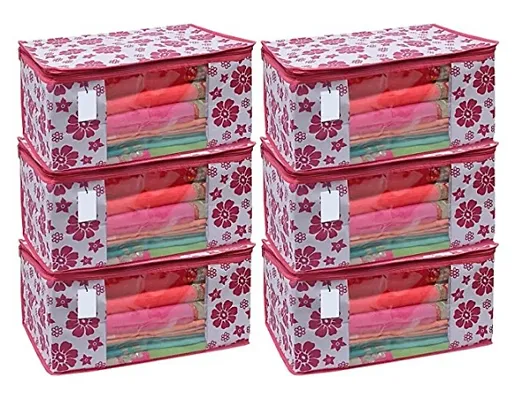 Stylish Pink Flower Printed Saree Cover Pack Of 6