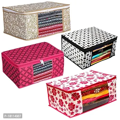 Non Woven Fabric Saree Cover/Clothes Organizer|Polka Dots Design  Transparent Window|Zipper Closure With Foldable Material|Size 46 x 32 x 22-thumb0