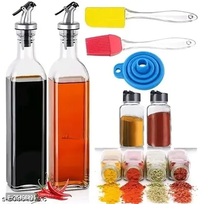 KRISHNA CREATION 500ml Glass Oil Dispenser Bottle for Kitchen Combo Organisation,Oil-Vinegar Bottle,Oil Bottle-2,SpiceJar-2,Oil Brush  Spatula-1,Funnel-1