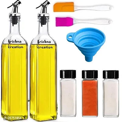 Oil Dispenser Bottle For Kitchen Combo Set, Oil Bottle 500Ml Qty 2 Round Shape Spice Jar 120Ml Qty 3 Oil Brush And Spatula Combo1 Multicolor Folding Funnel 1 Multicolor-Pack Of 8