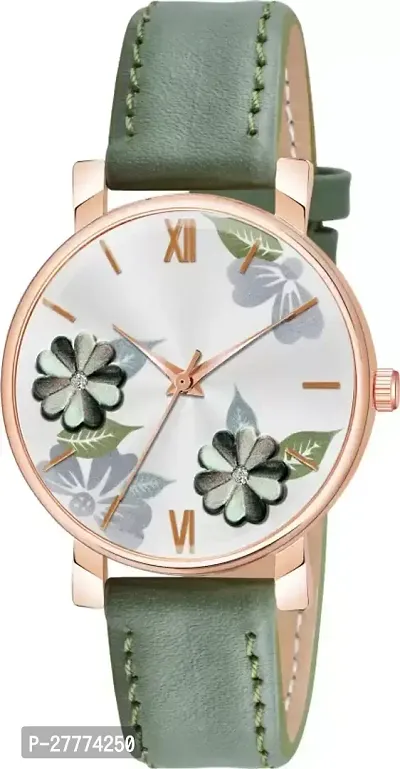 Motugaju Analog Flowered Dial Grey Peach Green Colour Leather Strap Combo Watch For Womens and Girls Pack Of 3 Watches-thumb5