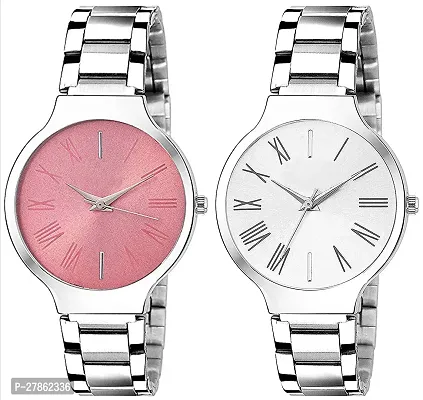 Motugaju Analogue Pink White Dial Silver Chain Strap Womens Watch Combo For Womens And Girls Pack Of 2