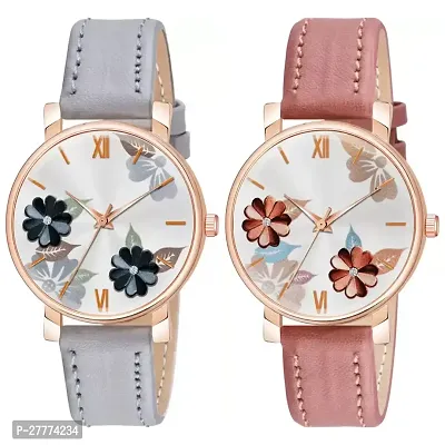 Motugaju Analog Flowered Dial Grey Peach Colour Leather Strap Combo Watch For Womens and Girls Pack Of 2 Watches-thumb0