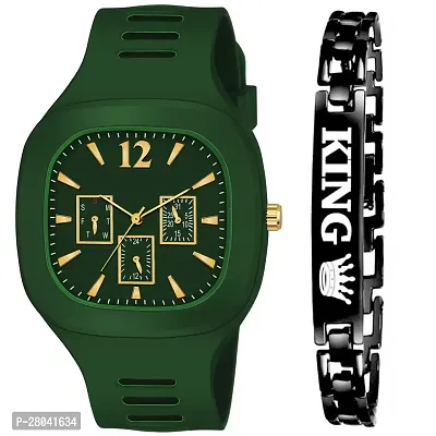Motugaju Analog Green Square Dial Silicon Strap ADDI Stylish Designer Watch For Mens And Boys With King Bracelet Pack of 2