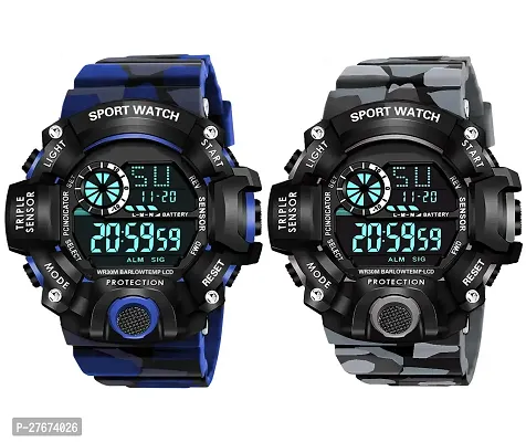 Digital Watch Shockproof Automatic Army Blue Grey Color Strap Waterproof Digital Sports Combo Watch for Men Kids Watch for Boys Watch for Men Pack of 2-thumb0