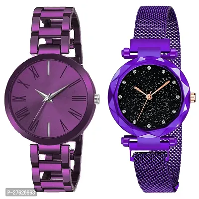 Motugaju Analog Purple Dial Stainless Steel Magnetic Belt Watch Combo For Womens And Girls Pack Of 2