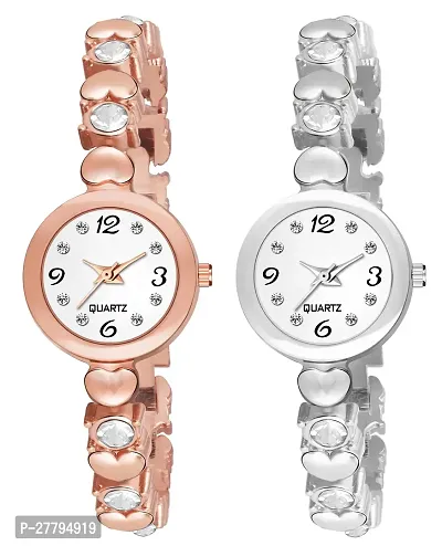 Motugaju Analog Round Dial Rosegold Silver Diamond Bracelet Belt Watch Combo Pack of 2 Watches Stylish Small Watch For Girls-thumb0