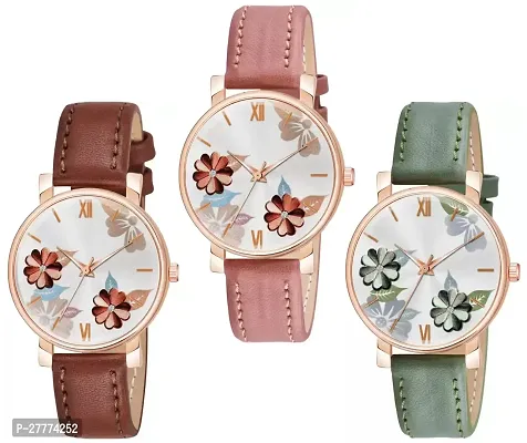 Motugaju Analog Flowered Dial Brown Peach Green Colour Leather Strap Combo Watch For Womens and Girls Pack Of 3 Watches