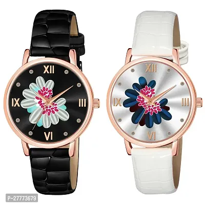 Motugaju Black White Color Flower Dial Designer Leather Belt Analog Combo Of 2 Watch For Women and Girls