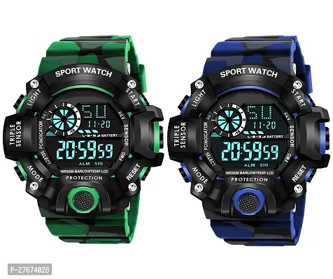 Digital Watch Shockproof Automatic Army Green Blue Color Strap Waterproof Digital Sports Combo Watch for Men Kids Watch for Boys Watch for Men Pack of 2