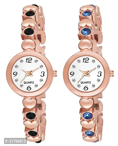 Motugaju Analog Round Dial Rosegold Black Blue Diamond Bracelet Belt Watch Combo Pack of 2 Watches Stylish Small Watch For Girls