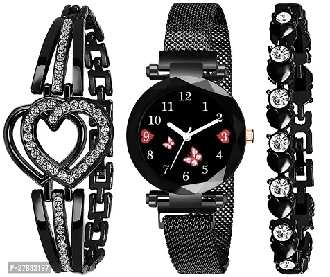 Motugaju Branded Analogue Diamond Black Butterfly Dial Black Magnet Watch With Gift Bracelet For Women Or Girls And Watch For Girl or Women (Combo of 3)