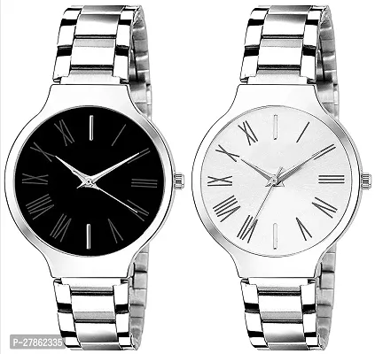 Motugaju Analogue Black White Dial Silver Chain Strap Womens Watch Combo For Womens And Girls Pack Of 2