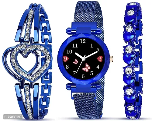 Motugaju Branded Blue Analogue Diamond Black Butterfly Dial Blue Magnet Watch With Gift Bracelet For Women Or Girls And Watch For Girl or Women (Combo of 3)