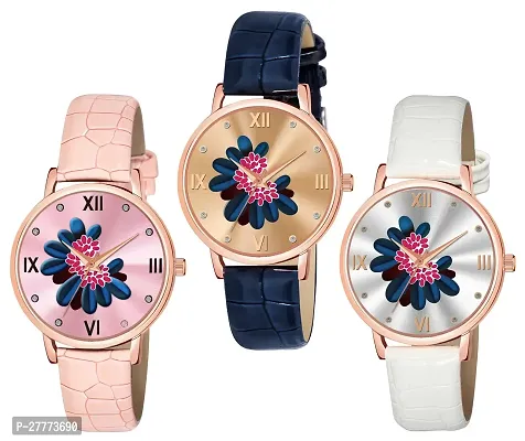 Motugaju Pink Blue White Color Flower Dial Designer Leather Belt Analog Combo Of 3 Watch For Women and Girls