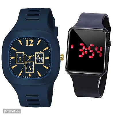 Motugaju Analog Blue Square Dial Silicon Strap ADDI Stylish Designer Watch Combo For Mens And Boys With Digital Black Led Watch