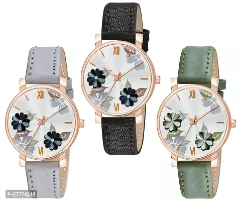 Motugaju Analog Flowered Dial Black Grey Green Colour Leather Strap Combo Watch For Womens and Girls Pack Of 3 Watches