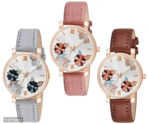 Motugaju Analog Flowered Dial Grey Peach Brown Colour Leather Strap Combo Watch For Womens and Girls Pack Of 3 Watches