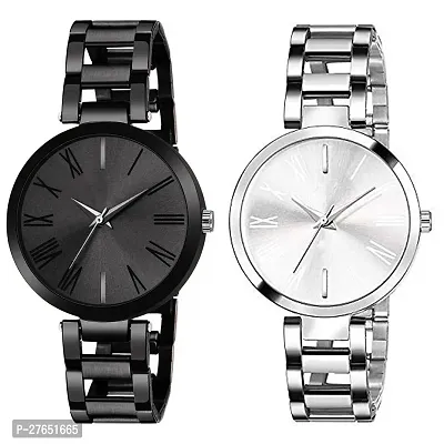 MotugajuAnalog Black Silver Round Dial Combo Of 2 Watch For Girls And Womens