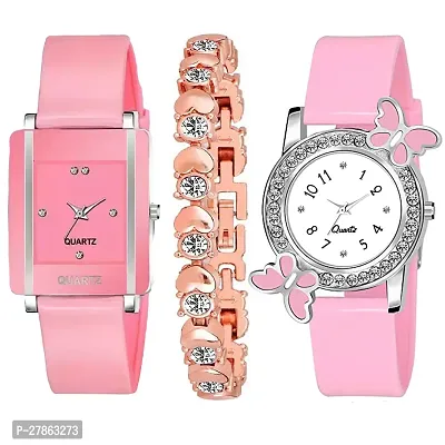 Analog Pink Square Butterfly Dial Multicolor Strap Womens Watch With Cosmic Bracelet Combo For Womens And Girls Pack Of 3-thumb0