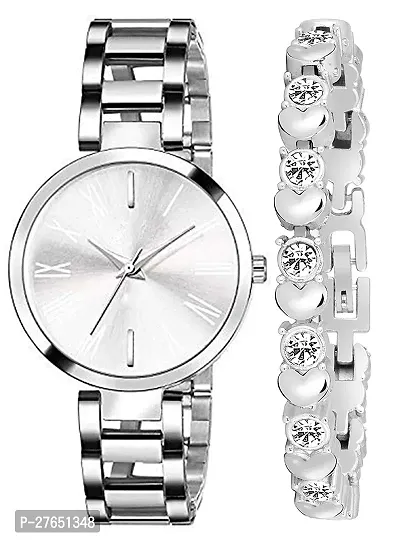 Motugaju Analog Silver Round Dial Combo Watch with Gift Bracelet for Women Or Girls-thumb3