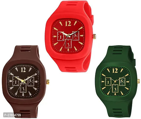 Motugaju Square Dial Brown Green  Red Analog Watches With Silicon Strap Stylish ADDI Designer Combo Watch for Mens  Boys Pack Of 3