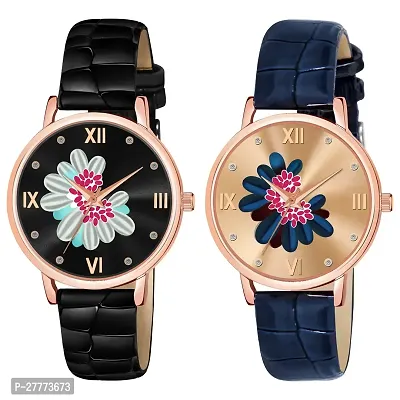 Motugaju Black Blue Color Flower Dial Designer Leather Belt Analog Combo Of 2 Watch For Women and Girls