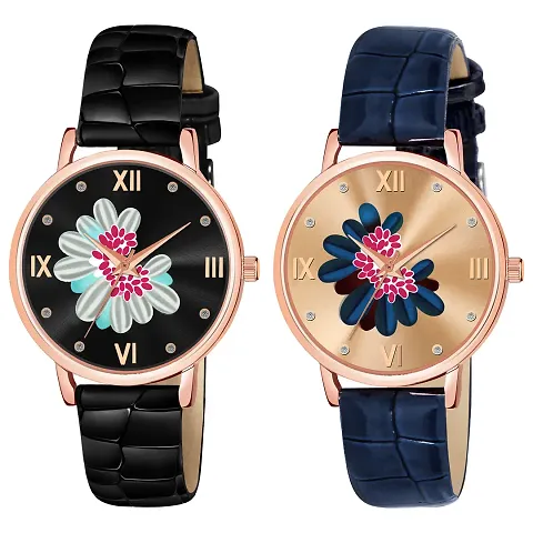 Motugaju Color Flower Dial Designer Leather Belt Analog Combo Of 2 Watch For Women and Girls