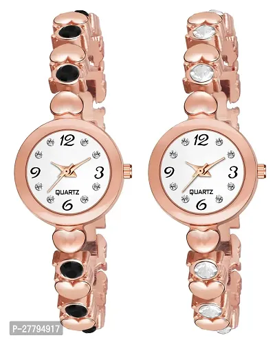 Motugaju Analog Round Dial Rosegold Black Diamond Bracelet Belt Watch Combo Pack of 2 Watches Stylish Small Watch For Girls-thumb0