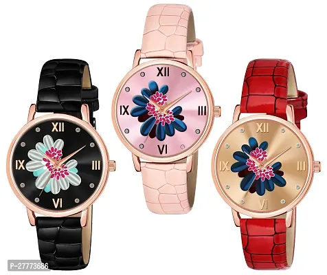 Motugaju Black Pink Red Color Flower Dial Designer Leather Belt Analog Combo Of 3 Watch For Women and Girls