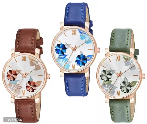 Motugaju Analog Flowered Dial Brown Blue Green Colour Leather Strap Combo Watch For Womens and Girls Pack Of 3 Watches