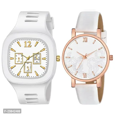 Motu Gaju White Dial Coper Case Leather Analog Couple Watch Combo For Men And Women Pack Of - 2
