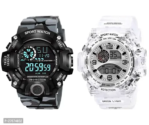 Digital Watch Shockproof Automatic Army Grey White Color Strap Waterproof Digital Sports Combo Watch for Men Kids Watch for Boys Watch for Men Pack of 2