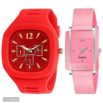 Motugaju Analog Square Red Pink Color Dial Premium Silicon And PU Strap ADDI Stylish Designer Analog Watch Combo for Boys And Girls-thumb0