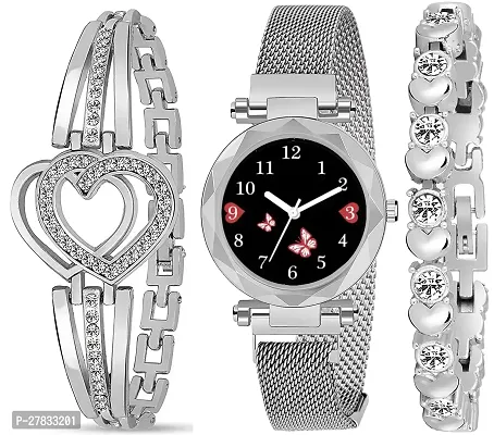 Motugaju Branded Analogue Diamond Black Butterfly Dial Silver Magnet Watch With Gift Bracelet For Women Or Girls And Watch For Girl or Women (Combo of 3)