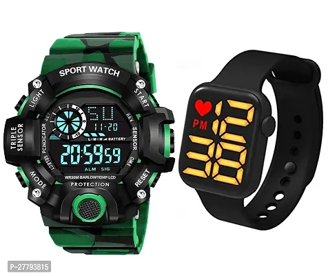 Motugaju Digital Green Day Date Month Alarm Stopwatch Army Dial Sports Watch With Heart Square LED Watch For Mens Kids Watch for Boys Watch for Men Pack of 2