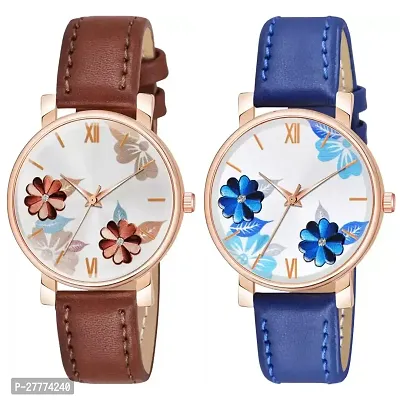 Motugaju Analog Flowered Dial Brown Blue Colour Leather Strap Combo Watch For Womens and Girls Pack Of 2 Watches