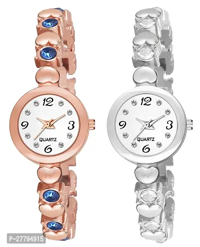 Motugaju Analog Round Dial Rosegold Blue Silver Diamond Bracelet Belt Watch Combo Pack of 2 Watches Stylish Small Watch For Girls