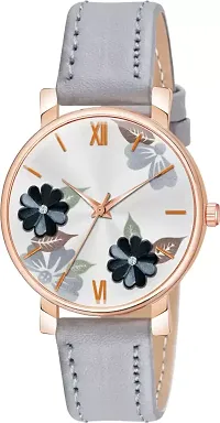 Motugaju Analog Flowered Dial Grey Peach Green Colour Leather Strap Combo Watch For Womens and Girls Pack Of 3 Watches-thumb2