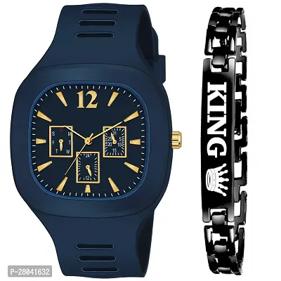 Motugaju Analog Blue Square Dial Silicon Strap ADDI Stylish Designer Watch For Mens And Boys With King Bracelet Pack of 2